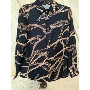 N By Nancy Button Up Long Sleeve Baroque Chain Print Shirt Medium Black/Gold NWT
